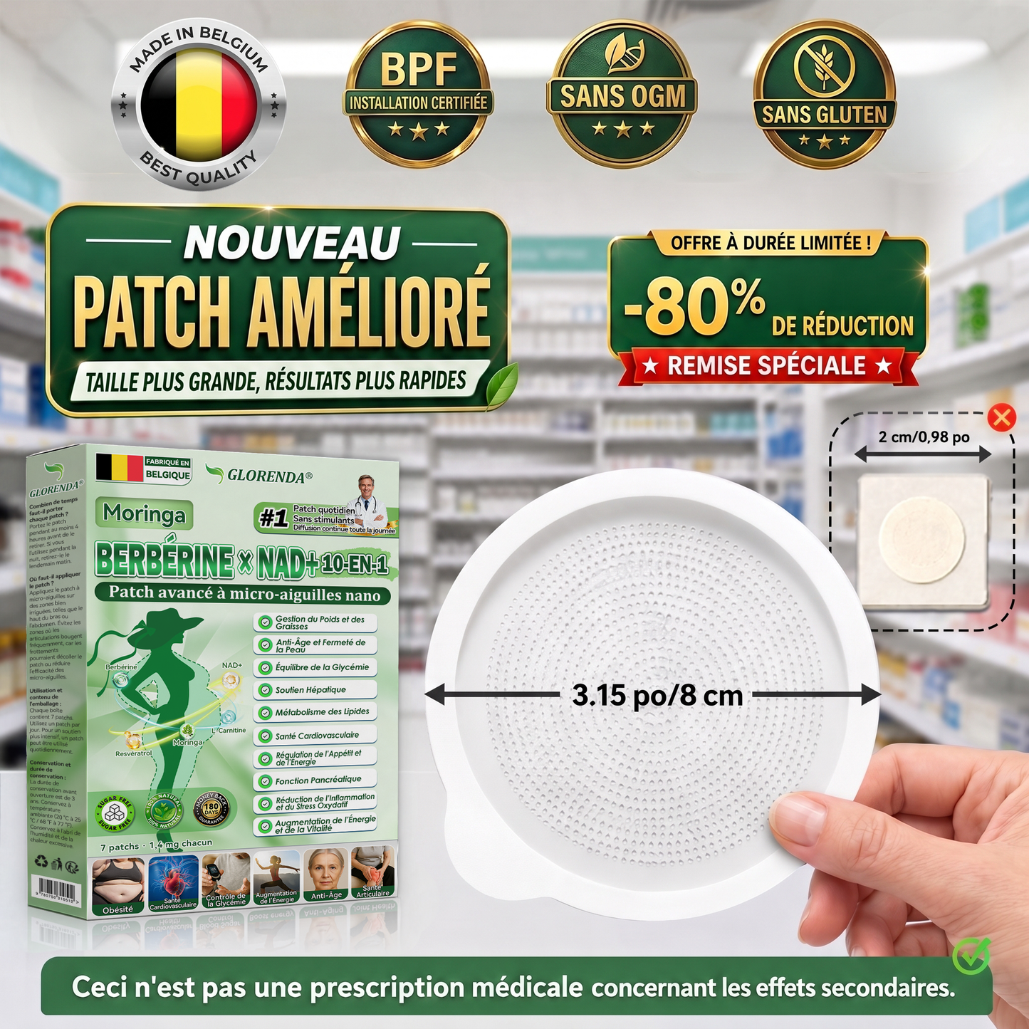 Boutique officielle 🇧🇪 | 👩‍⚕️💃 𝐆𝐋𝐎𝐑𝐄𝐍𝐃𝐀® Moringa · Berbérine + NAD+ – Patch Microneedle Nano Avancé 10-en-1 (1 patch/jour, résultats visibles en 7 jours)